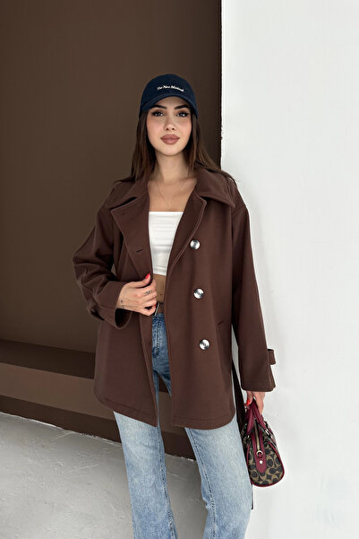 EFFEN Buttoned short cashmere coat with waist tie