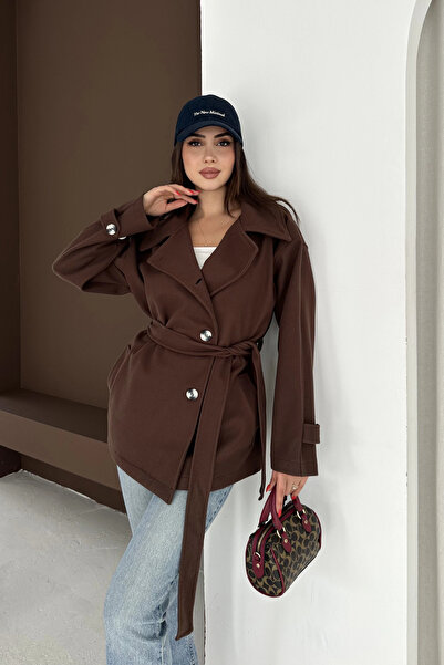 EFFEN Buttoned short cashmere coat with waist tie