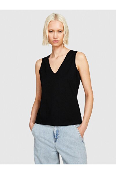 Sisley 100% Cotton Thick Strap V-Neck Tank Top Women's Black Tank Top - 324P3I1Xlh00S