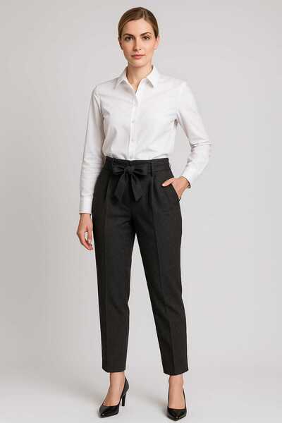 Diva Exclusive Fashion Elegant business trousers with high waist and ribbon – Diva Exclusive
