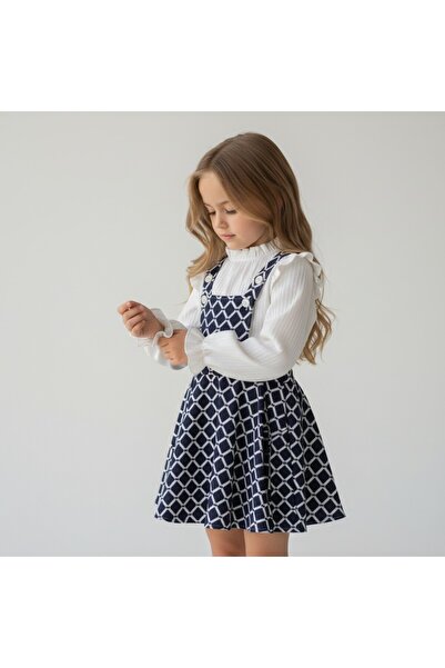 FESSHERA KİDS Girls' Geometric Patterned Suspender Salopet Gilet and Ruffle Detailed Long Sleeved Corded Fabric Blouse 2-Piece Set