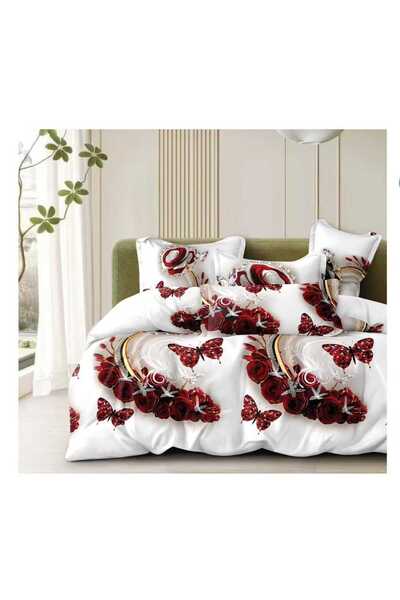 Lenjeria Familiei Tale 4-Piece Satin Cotton Double Bed Linen Set – Red Roses and Butterflies Pattern, Elegant