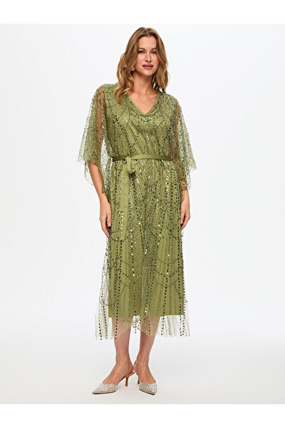 Faik Sönmez Boncuk Ve Payet İşli Saten Garni Kuşaklı Abiye Elbise W26ABY016