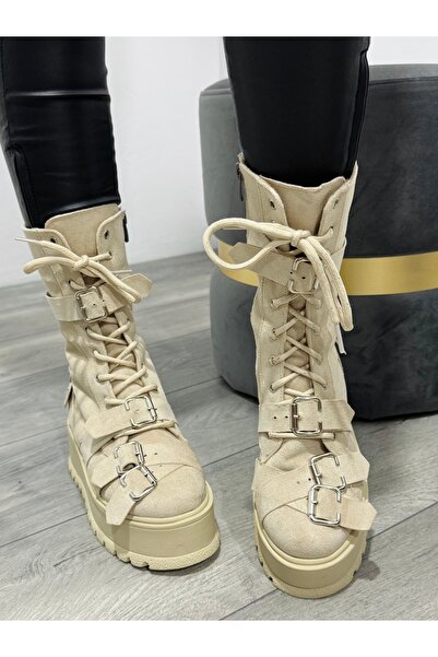 KATYDEA STORE BELLA beige thick-soled ankle boots with buckles