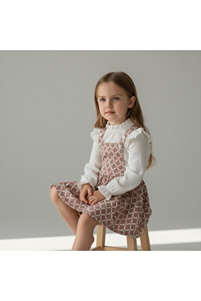 FESSHERA KİDS Girls' Geometric Patterned Suspender Salopet Gilet and Ruffle Detailed Long Sleeved Corded Fabric Blouse 2-Piece Set