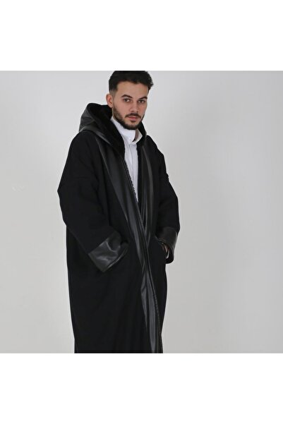Generic Men's black wool fur coat with a classic black leather design