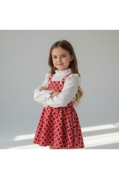 FESSHERA KİDS Girls' Geometric Patterned Suspender Salopet Gilet and Ruffle Detailed Long Sleeved Corded Fabric Blouse 2-Piece Set