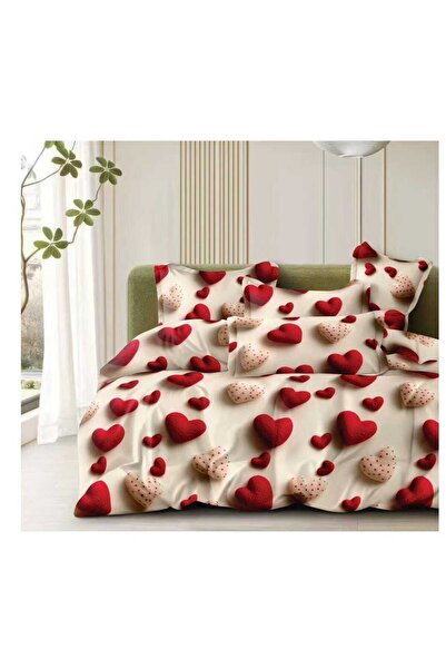 Lenjeria Familiei Tale 4-Piece Satin Cotton Double Bed Linen Set – Red Hearts Pattern, Modern and Romantic