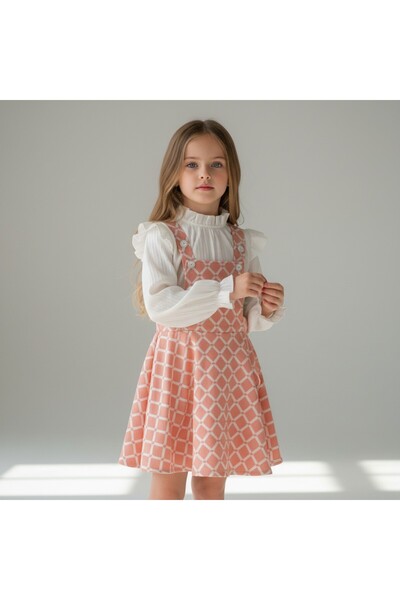 FESSHERA KİDS Girls' Geometric Patterned Suspender Salopet Gilet and Ruffle Detailed Long Sleeved Corded Fabric Blouse 2-Piece Set