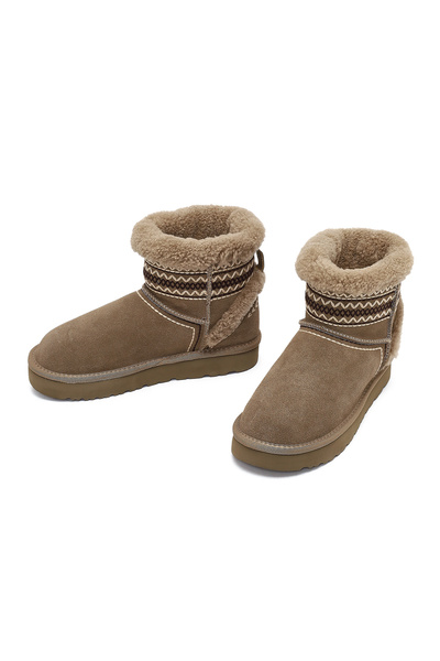 Derimod Women's Beige Patterned Fur Detailed Suede Leather Teddy Boots 25Wfd492710