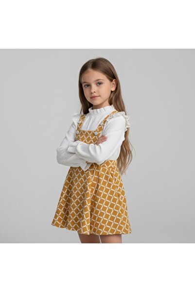 FESSHERA KİDS Girls' Geometric Patterned Suspender Salopet Gilet and Ruffle Detailed Long Sleeved Corded Fabric Blouse 2-Piece Set