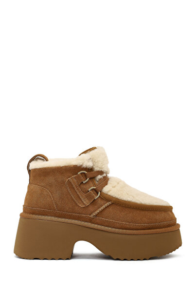 Derimod Women's Camel Lace-Up Thick Sole Shearling Suede Leather Teddy Boots 25Wfd492110