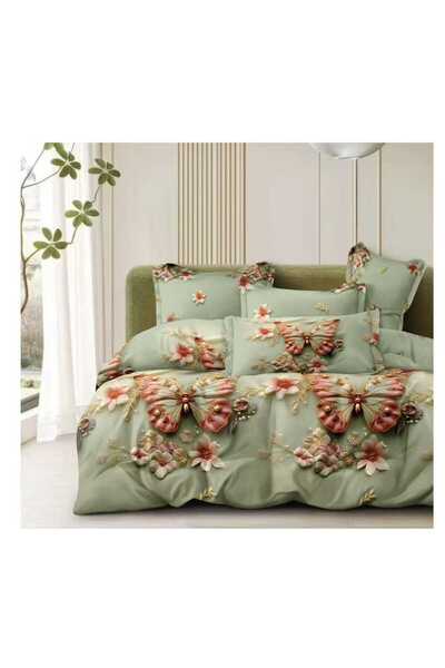 Lenjeria Familiei Tale 4-Piece Satin Cotton Double Bed Linen Set – Butterflies and Flowers Pattern, Mint Green