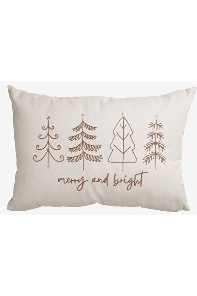DavidaHome Cotton pillow, with zipper, embroidery with fir trees and stars, Christmas, 35x50 cm, beige/silver gray