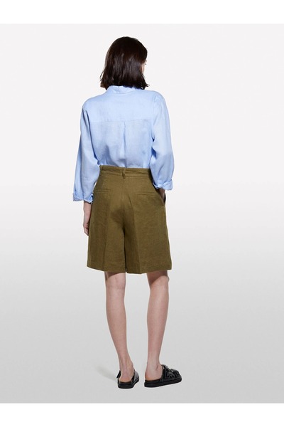 Sisley 100% Linen Pleated Detail High Waist Bermuda Shorts Women's Green Shorts - 325P4Aghl901K