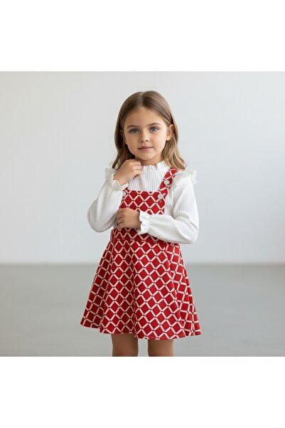 FESSHERA KİDS Girls' Geometric Patterned Suspender Salopet Gilet and Ruffle Detailed Long Sleeved Corded Fabric Blouse 2-Piece Set