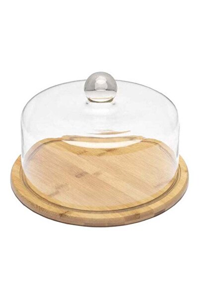 East Lady cake stand with dome glass cover and bamboo tray - Brown / Clear 26...