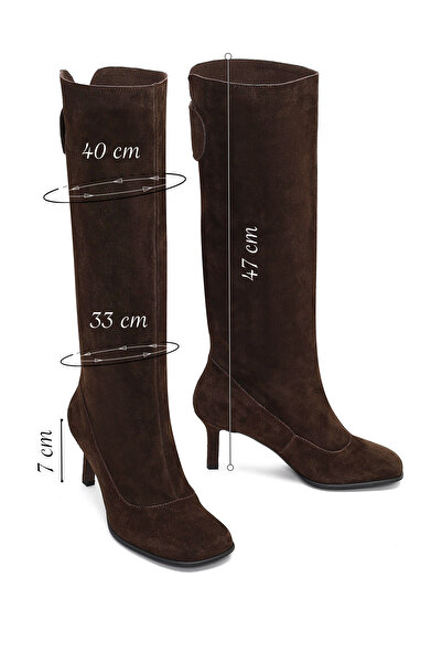 Derimod Women's Brown Thin Heeled Suede Leather Boots 25Afd490410