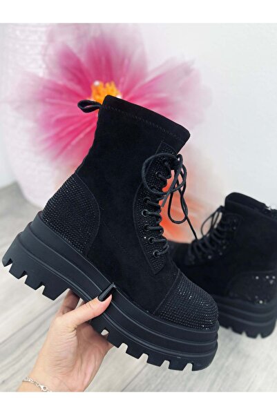 KATYDEA STORE Black crystal embossed Terry boots