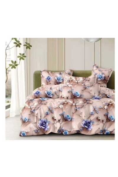 Lenjeria Familiei Tale 4-Piece Satin Cotton Double Bed Linen Set – 3D Roses Pattern Blue & Cream