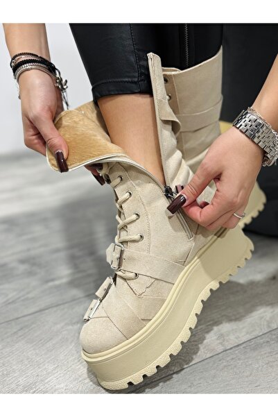 KATYDEA STORE BELLA beige thick-soled ankle boots with buckles