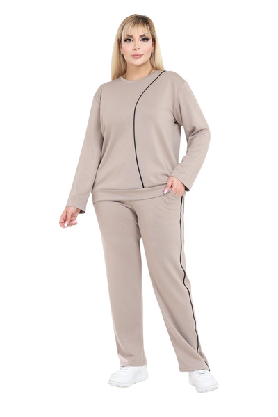 MELSAY Women's Plus Size Ecru Navy Blue Stripe Detailed Modal Tracksuit Set