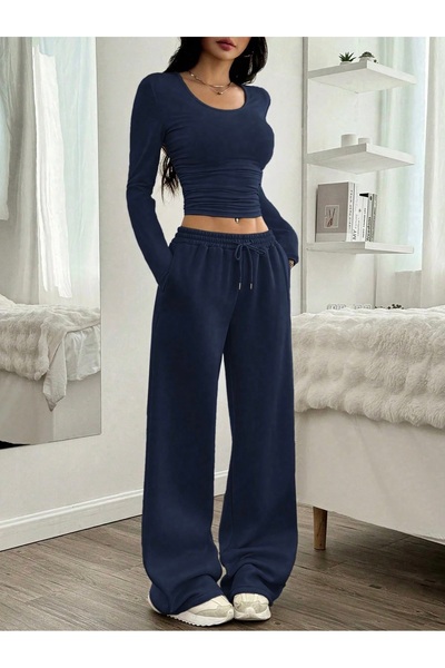 peelter Women's Navy Blue Wide Leg Winter 2 Thread Count Fleece-Lined Thick Fleece Lined Combed Cotton Fabric Sweatpants