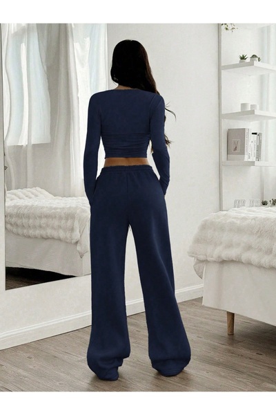 ipek collection Women's Navy Blue Wide Leg Winter 2 Thread Count Fleece-Lined Thick Fleece Lined Combed Cotton Fabric Sweatpants