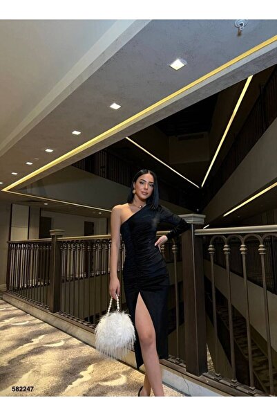 ermege Women's Long Sleeve Off-Shoulder Dress with Drawstring and Asymmetrical Slit Detail