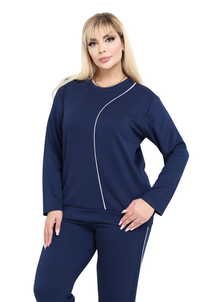 MELSAY Women's Plus Size Navy Blue White Stripe Detailed Modal Tracksuit Set