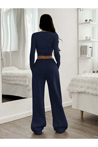 peelter Women's Navy Blue Wide Leg Winter 2 Thread Count Fleece-Lined Thick Fleece Lined Combed Cotton Fabric Sweatpants