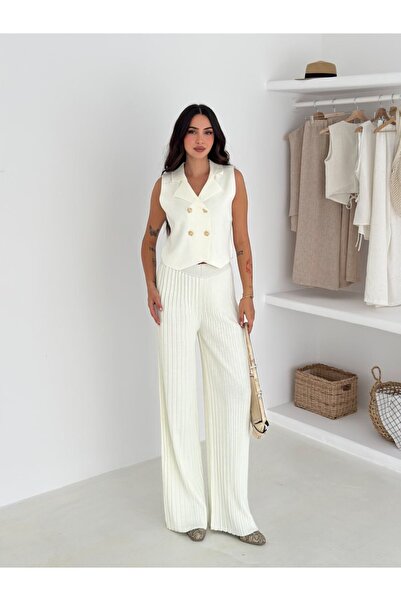 MAXXANA Rose Button Detail Vest and Pants Knitwear Set