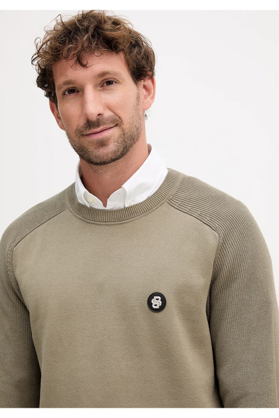 BOSS Men's Regular Fit Round Neck 100% Cotton Long Sleeve Green Sweater 50543136-245