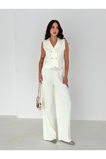 MAXXANA Rose Button Detail Vest and Pants Knitwear Set