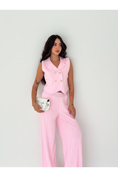 MAXXANA Rose Button Detail Vest and Pants Knitwear Set