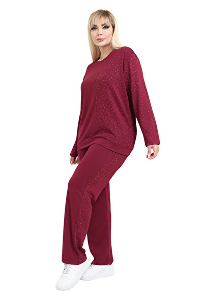 MELSAY Women's Plus Size Burgundy-Stone Half Garni Modal Tracksuit Set