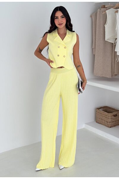 MAXXANA Rose Button Detail Vest and Pants Knitwear Set