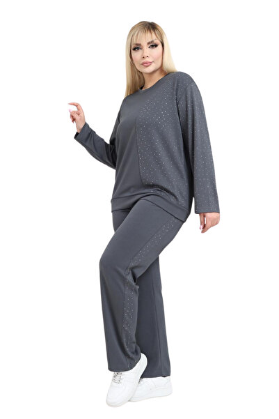 MELSAY Women's Plus Size Grey-Stone Half Garni Modal Tracksuit Set