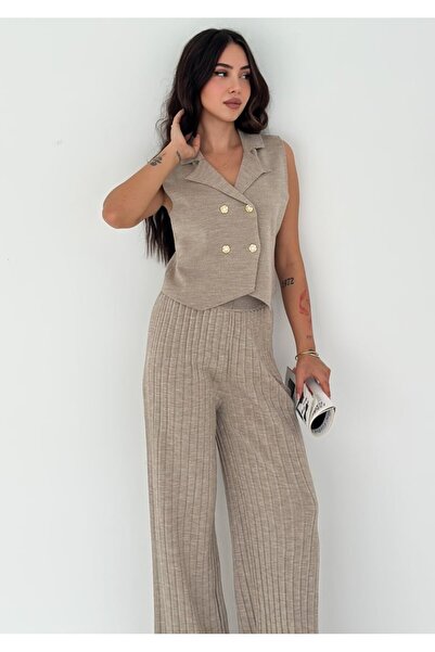 MAXXANA Rose Button Detail Vest and Pants Knitwear Set