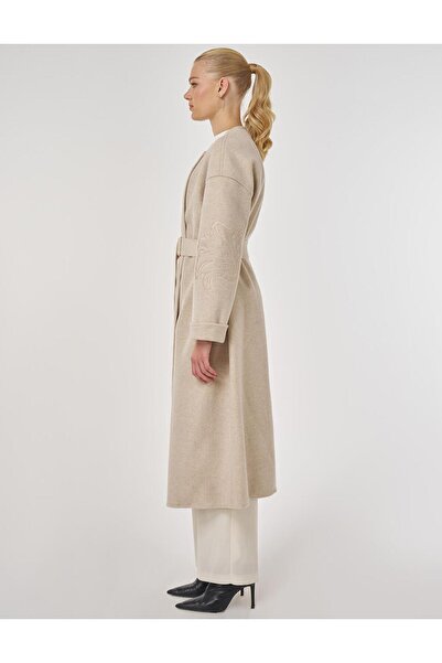 Kayra Applique Detailed Cashmere Coat Cream