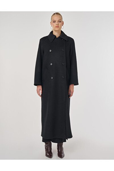 Kayra Buttoned Double Breasted Stamp Coat Black