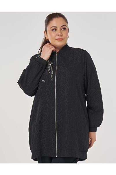 Kayra Leopard Pattern Embroidered Jacket Black