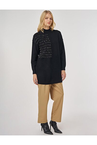 Kayra Knitted Detailed Viscose Knitwear Tunic Black