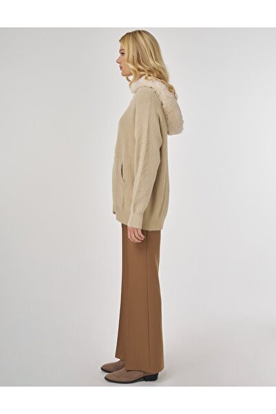 Kayra Fur Detailed Knitwear Cardigan Beige