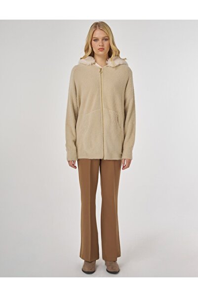 Kayra Fur Detailed Knitwear Cardigan Beige