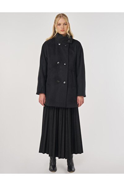 Kayra Mock Neck Short Cashmere Coat Black
