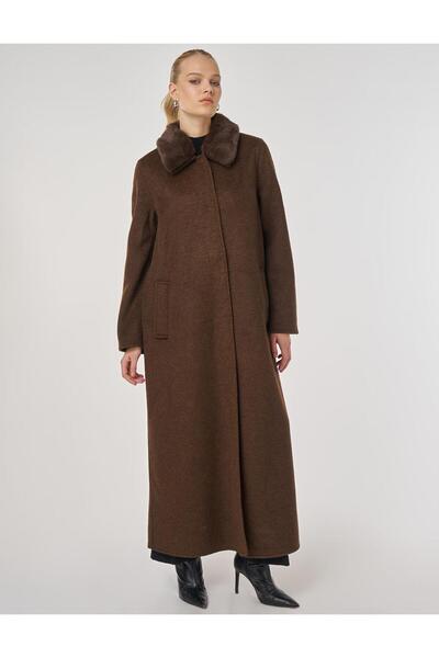 Kayra Fur Collar Cashmere Coat Dark Brown