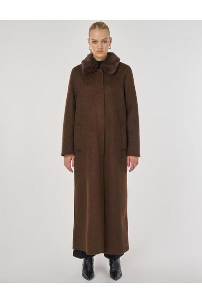 Kayra Fur Collar Cashmere Coat Dark Brown