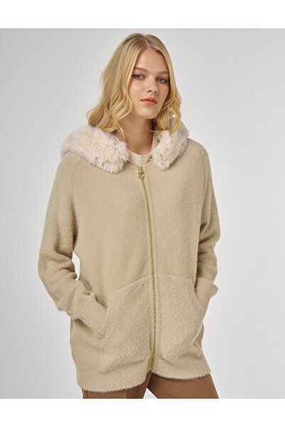 Kayra Fur Detailed Knitwear Cardigan Beige
