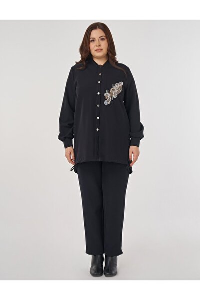 Kayra Stone Embroidered College Collar Tunic Black